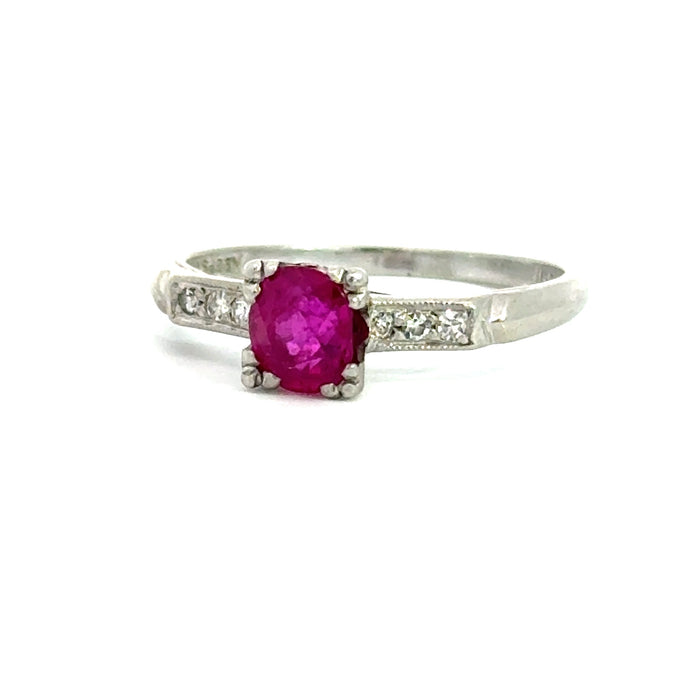 Vintage Mid-Century Ruby and Diamond Ring in Platinum