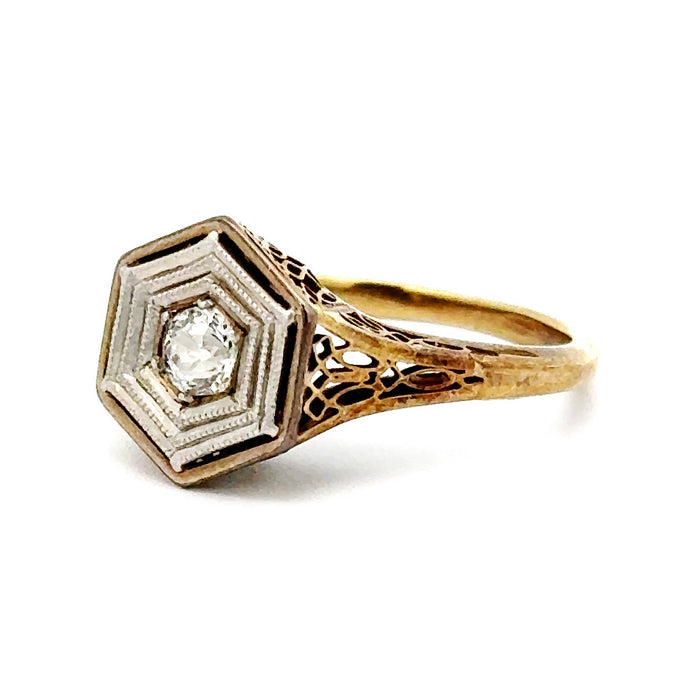 Antique Old Mine Cut Diamond Solitaire Engagement Ring in 14k Yellow and White Gold