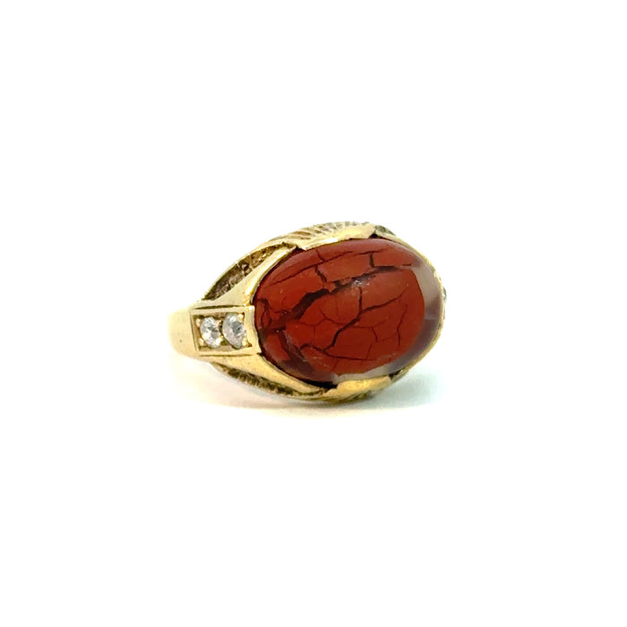 Antique Red Jasper and Old European Cut Diamond Ring in 14k Yellow Gold