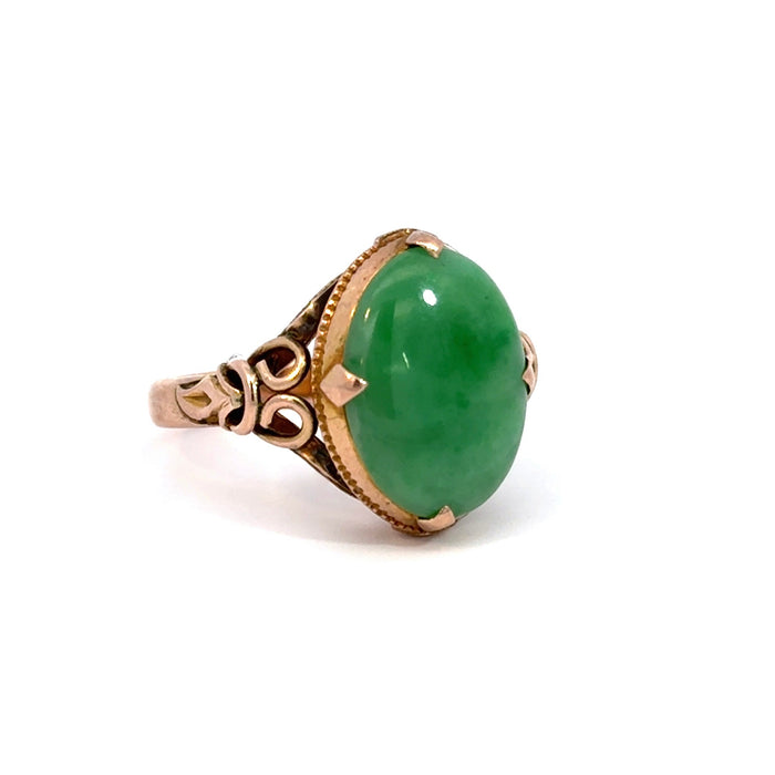 Vintage Jade and 14k Rose Gold Ring with Leaf Motif