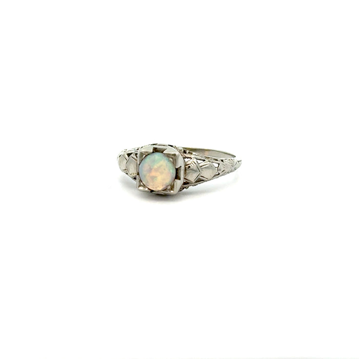 Antique Art Deco White Opal Solitaire in 18k White Gold