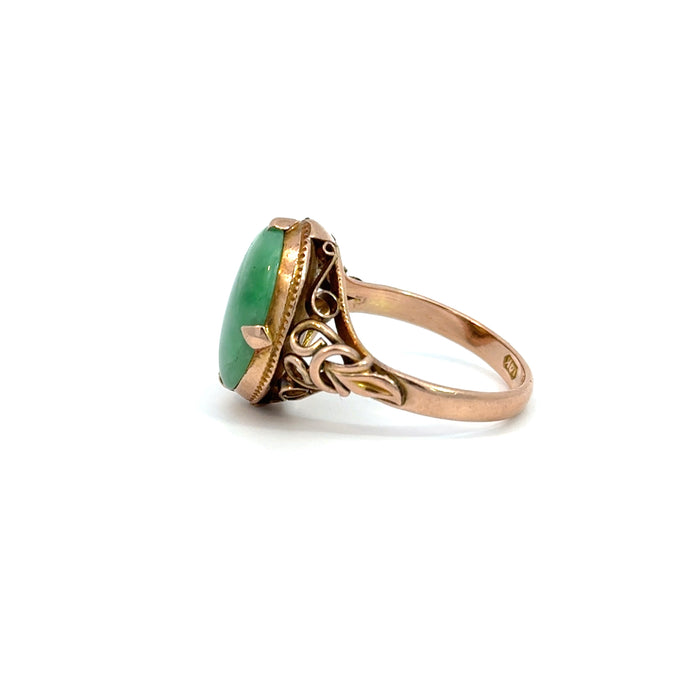 Vintage Jade and 14k Rose Gold Ring with Leaf Motif