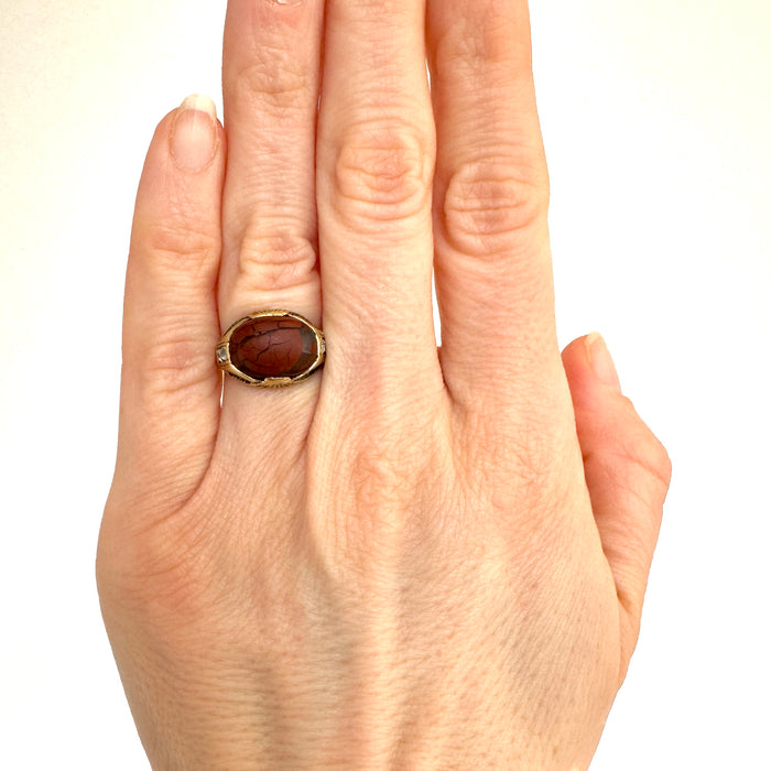 Antique Red Jasper and Old European Cut Diamond Ring in 14k Yellow Gold