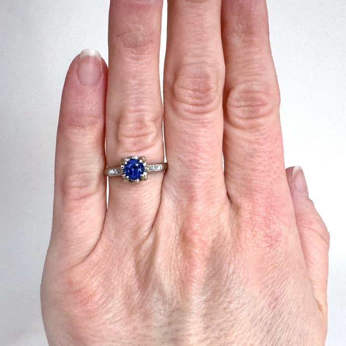 Vintage Sapphire and Diamond Engagement Ring in 14k White Gold