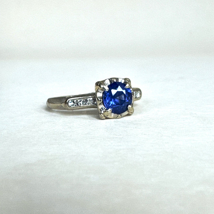 Vintage Sapphire and Diamond Engagement Ring in 14k White Gold