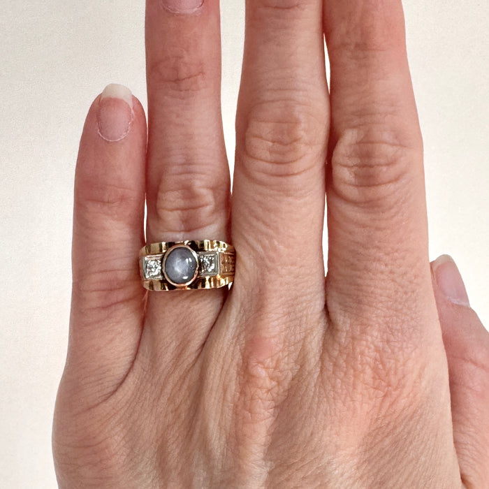 Vintage Retro Star Sapphire and Old European Cut Diamond Ring in 14k White and Yellow Gold