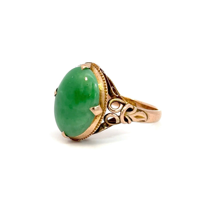 Vintage Jade and 14k Rose Gold Ring with Leaf Motif