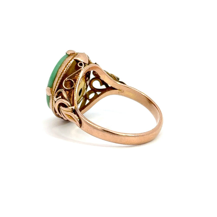 Vintage Jade and 14k Rose Gold Ring with Leaf Motif