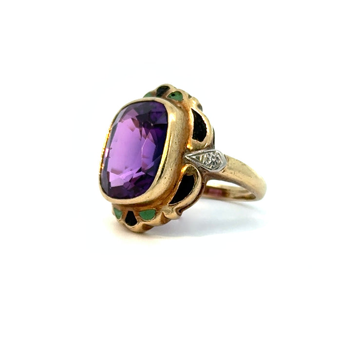 Antique Sapphire and Enamel Statement Ring in 10k Yellow and White Gold