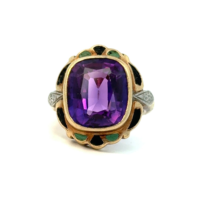 Antique Sapphire and Enamel Statement Ring in 10k Yellow and White Gold