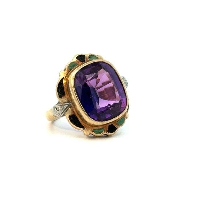 Antique Sapphire and Enamel Statement Ring in 10k Yellow and White Gold