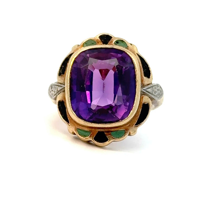Antique Sapphire and Enamel Statement Ring in 10k Yellow and White Gold