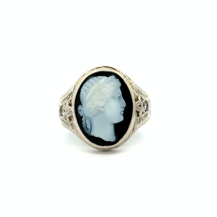 Vintage Onyx Cameo Male Bust Ring in 14k White Gold