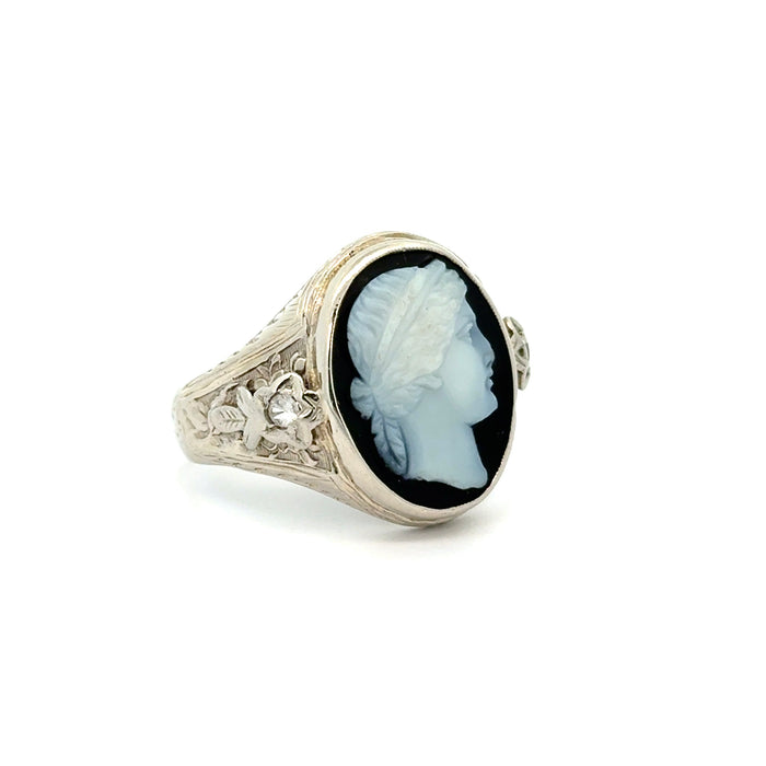 Vintage Onyx Cameo Male Bust Ring in 14k White Gold