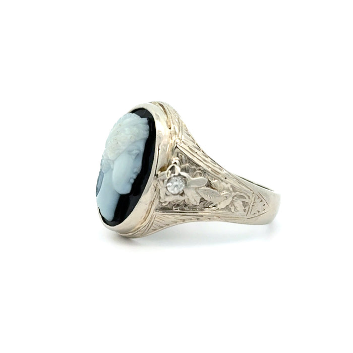 Vintage Onyx Cameo Male Bust Ring in 14k White Gold