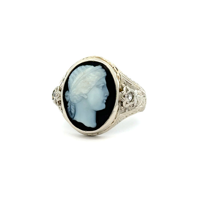 Vintage Onyx Cameo Male Bust Ring in 14k White Gold