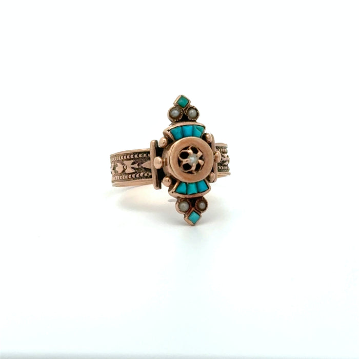 Victorian Turquoise and Pearl Ring in 10k Rose Gold