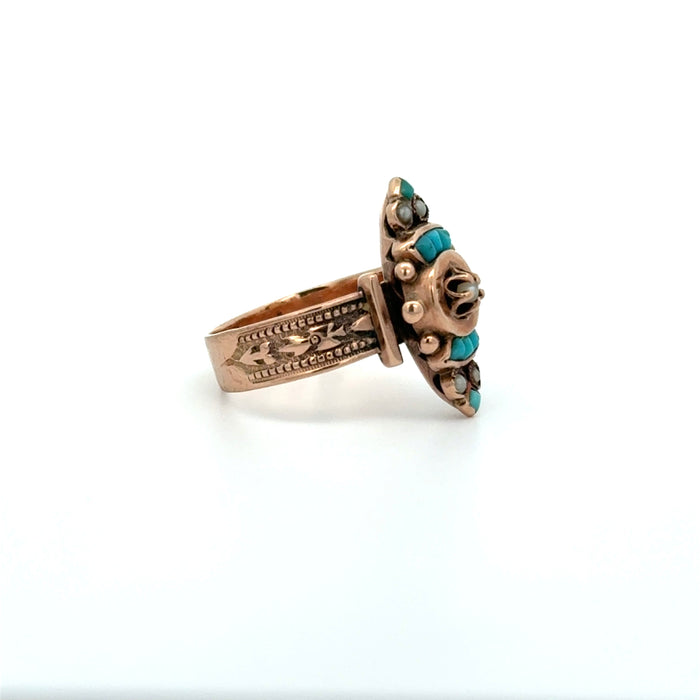 Victorian Turquoise and Pearl Ring in 10k Rose Gold