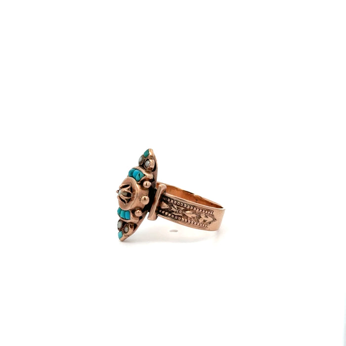 Victorian Turquoise and Pearl Ring in 10k Rose Gold