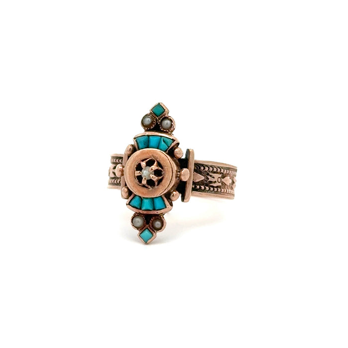 Victorian Turquoise and Pearl Ring in 10k Rose Gold