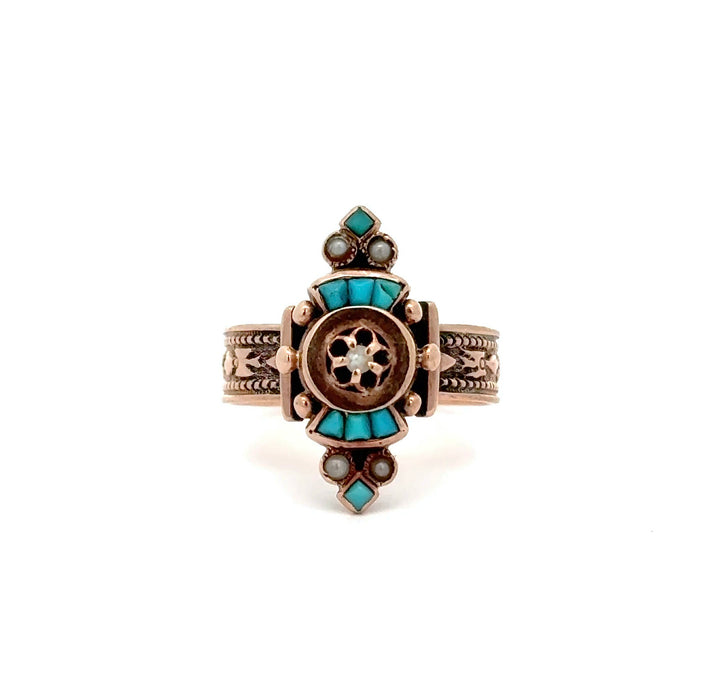 Victorian Turquoise and Pearl Ring in 10k Rose Gold
