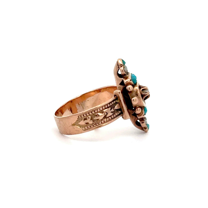Victorian Turquoise and Pearl Ring in 10k Rose Gold