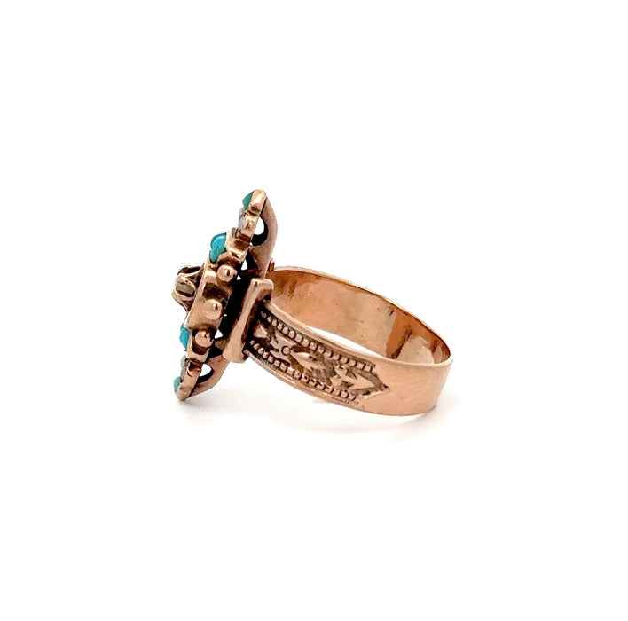 Victorian Turquoise and Pearl Ring in 10k Rose Gold