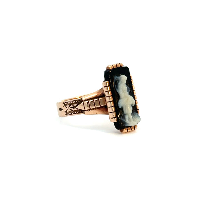 Victorian Onyx Cameo Ring of Female Figure in 10k Rose Gold