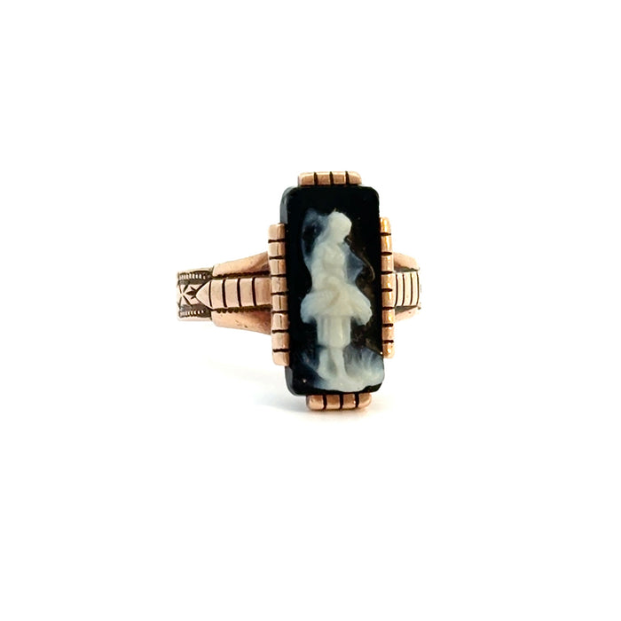 Victorian Onyx Cameo Ring of Female Figure in 10k Rose Gold