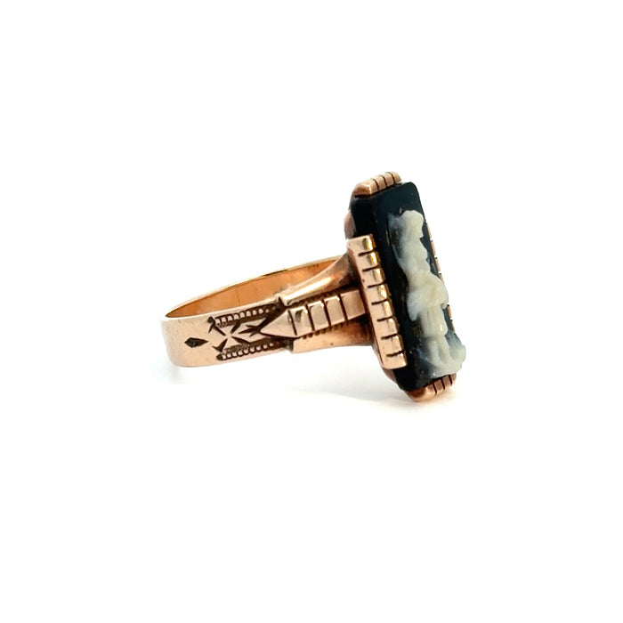 Victorian Onyx Cameo Ring of Female Figure in 10k Rose Gold