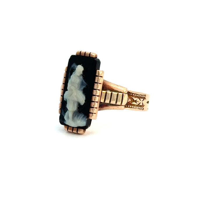 Victorian Onyx Cameo Ring of Female Figure in 10k Rose Gold