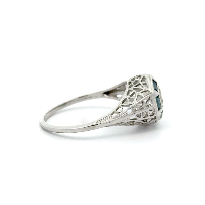 Art Deco Old European Cut Diamond Ring with Blue Sapphires in 14k White Gold