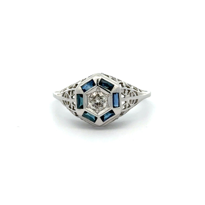 Art Deco Old European Cut Diamond Ring with Blue Sapphires in 14k White Gold