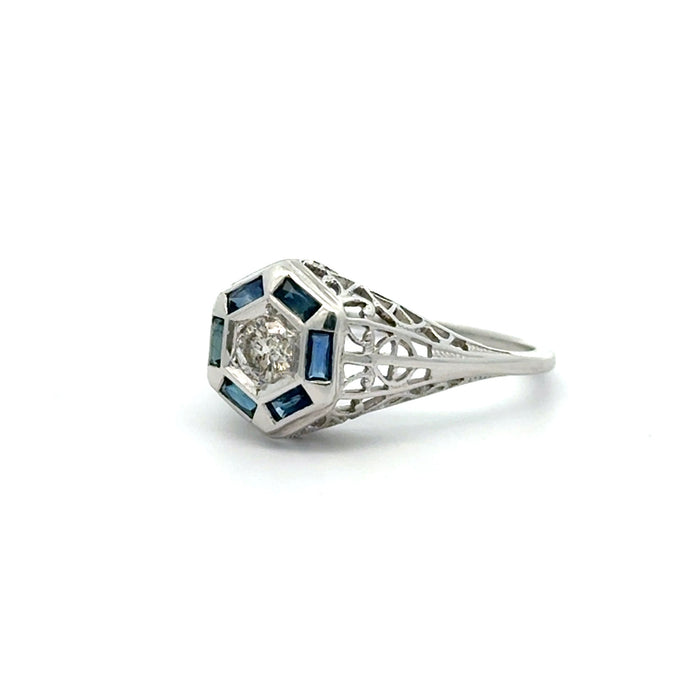 Art Deco Old European Cut Diamond Ring with Blue Sapphires in 14k White Gold