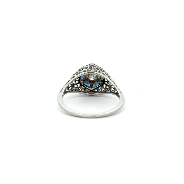 Art Deco Old European Cut Diamond Ring with Blue Sapphires in 14k White Gold