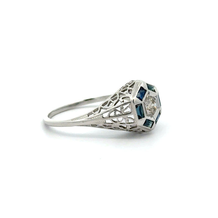 Art Deco Old European Cut Diamond Ring with Blue Sapphires in 14k White Gold