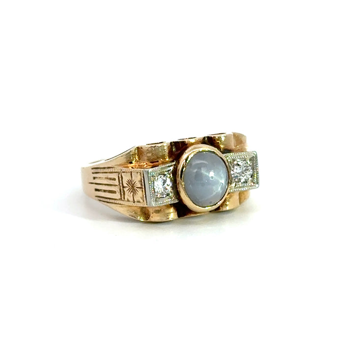 Vintage Retro Star Sapphire and Old European Cut Diamond Ring in 14k White and Yellow Gold