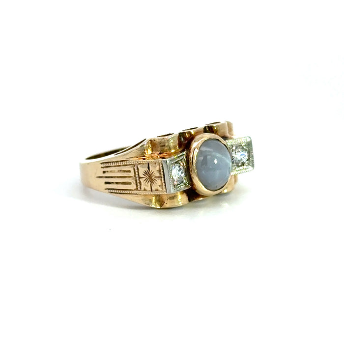Vintage Retro Star Sapphire and Old European Cut Diamond Ring in 14k White and Yellow Gold