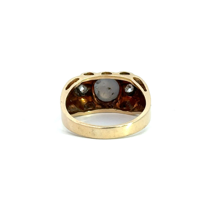 Vintage Retro Star Sapphire and Old European Cut Diamond Ring in 14k White and Yellow Gold