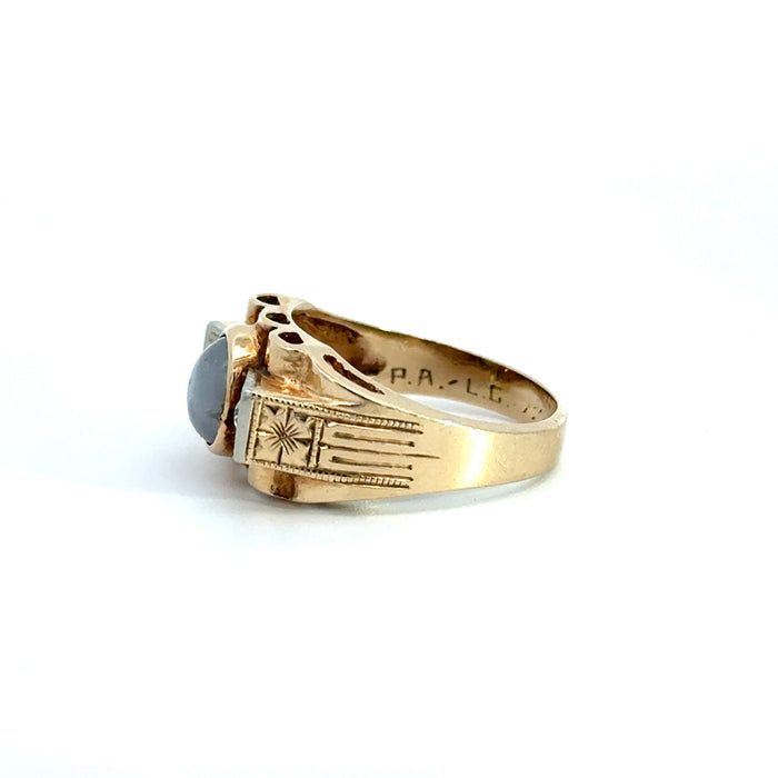 Vintage Retro Star Sapphire and Old European Cut Diamond Ring in 14k White and Yellow Gold