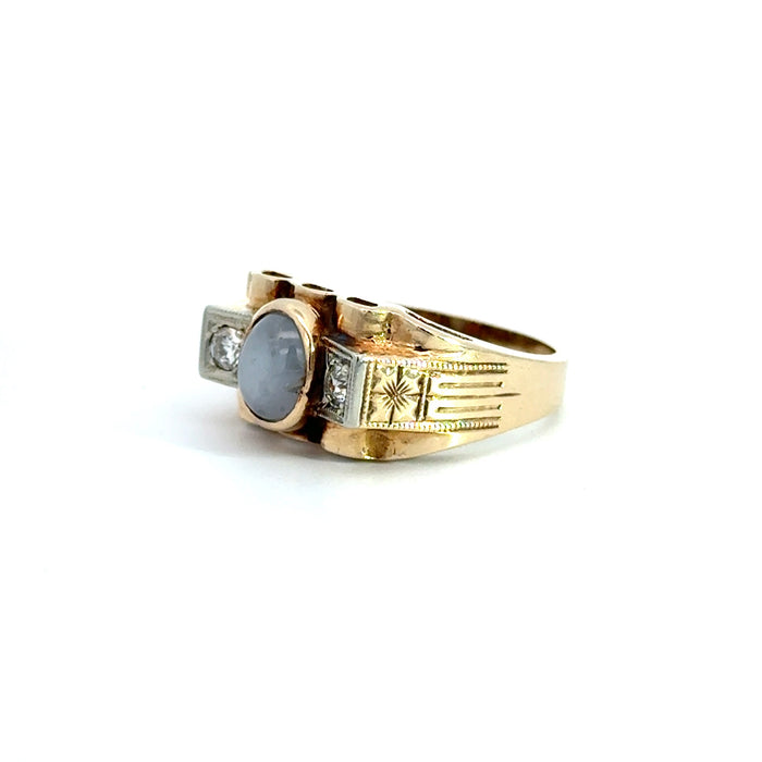 Vintage Retro Star Sapphire and Old European Cut Diamond Ring in 14k White and Yellow Gold
