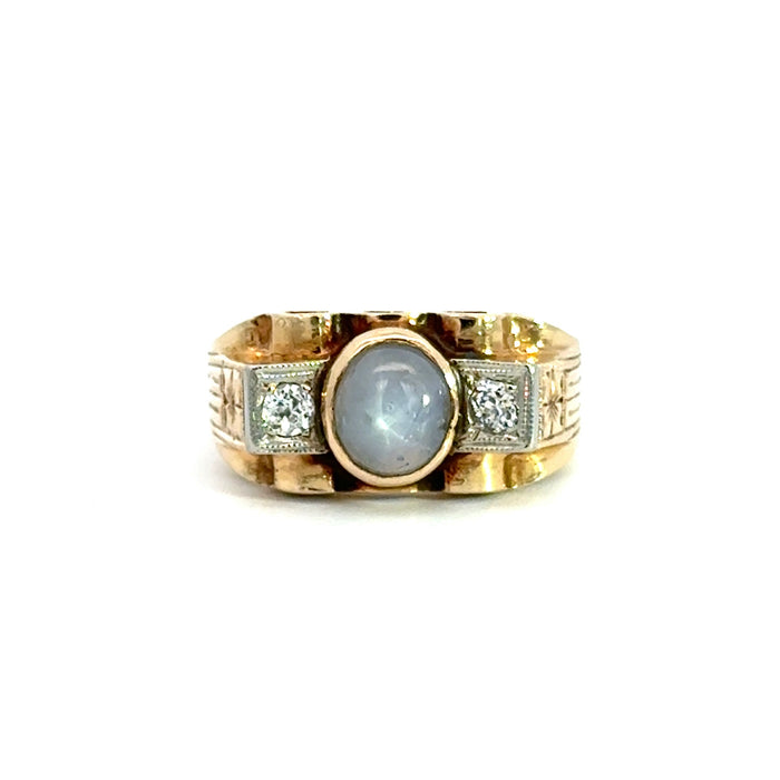Vintage Retro Star Sapphire and Old European Cut Diamond Ring in 14k White and Yellow Gold