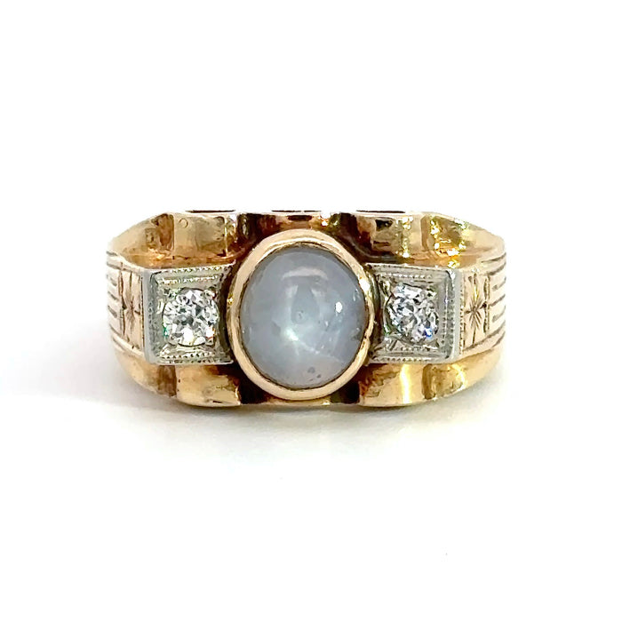 Vintage Retro Star Sapphire and Old European Cut Diamond Ring in 14k White and Yellow Gold