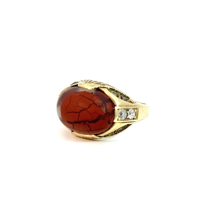 Antique Red Jasper and Old European Cut Diamond Ring in 14k Yellow Gold