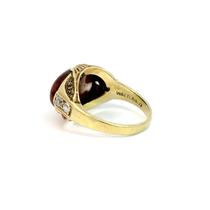 Antique Red Jasper and Old European Cut Diamond Ring in 14k Yellow Gold