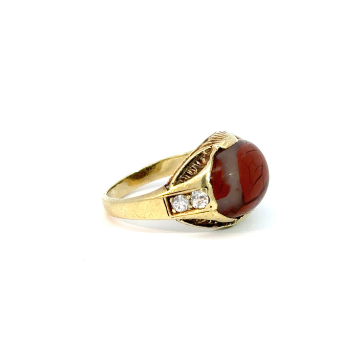 Antique Red Jasper and Old European Cut Diamond Ring in 14k Yellow Gold