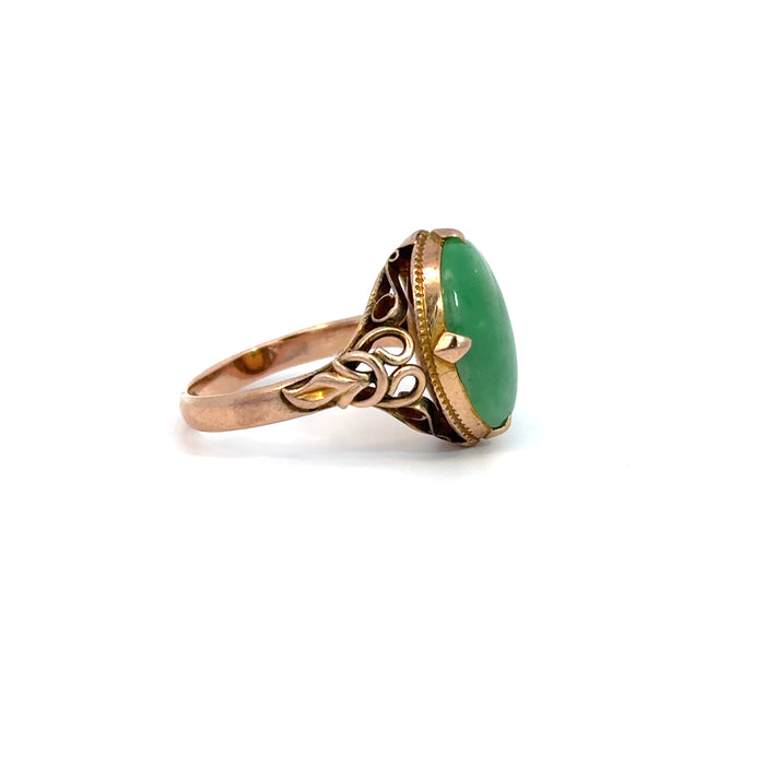 Vintage Jade and 14k Rose Gold Ring with Leaf Motif