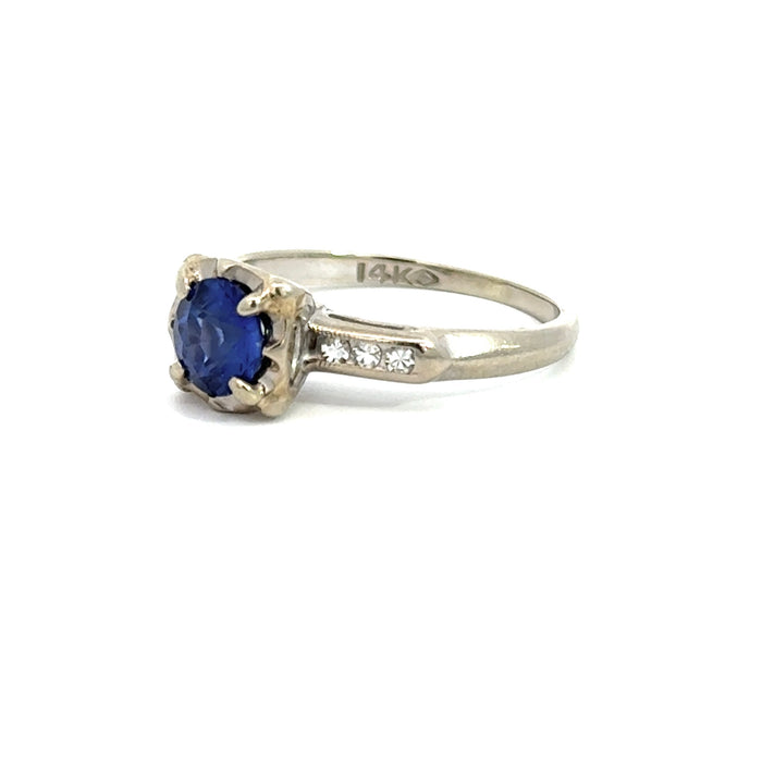 Vintage Sapphire and Diamond Engagement Ring in 14k White Gold