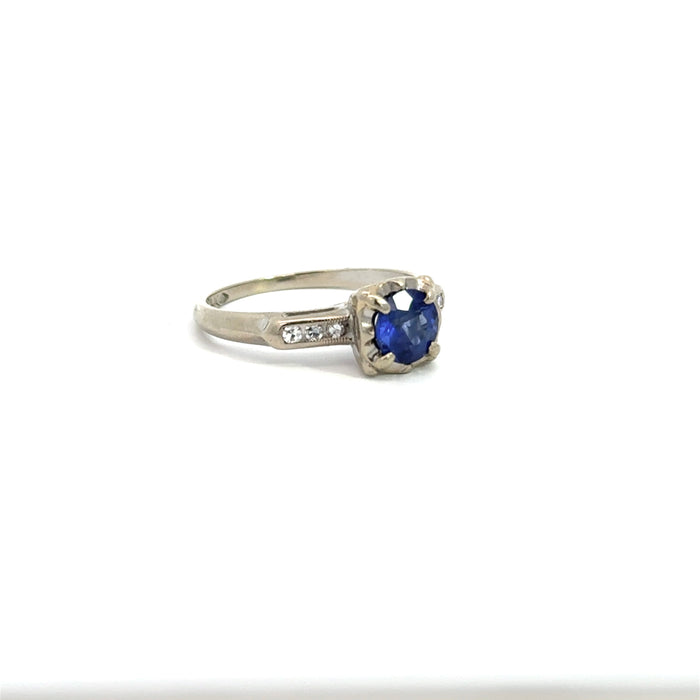 Vintage Sapphire and Diamond Engagement Ring in 14k White Gold