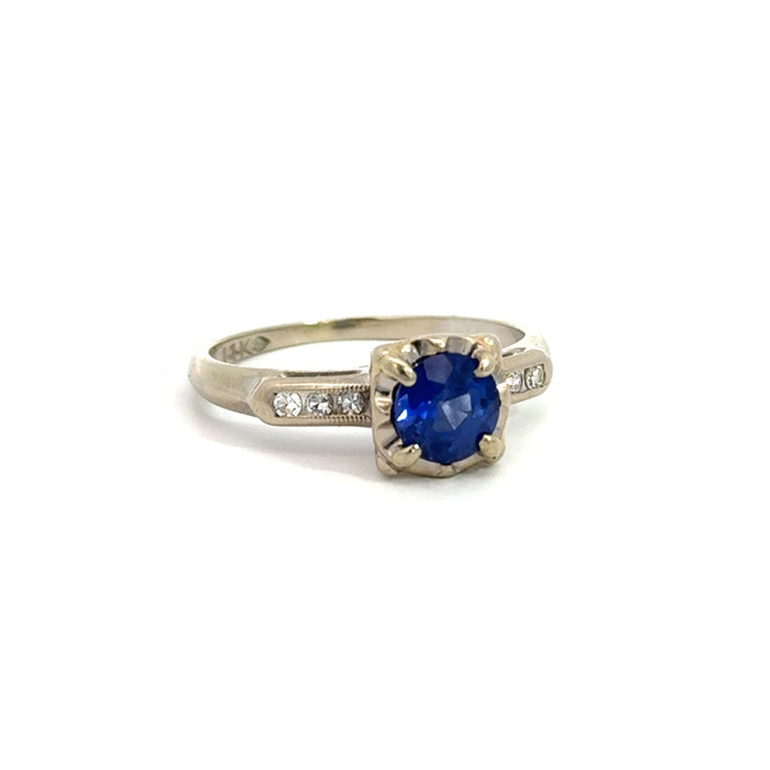 Vintage Sapphire and Diamond Engagement Ring in 14k White Gold